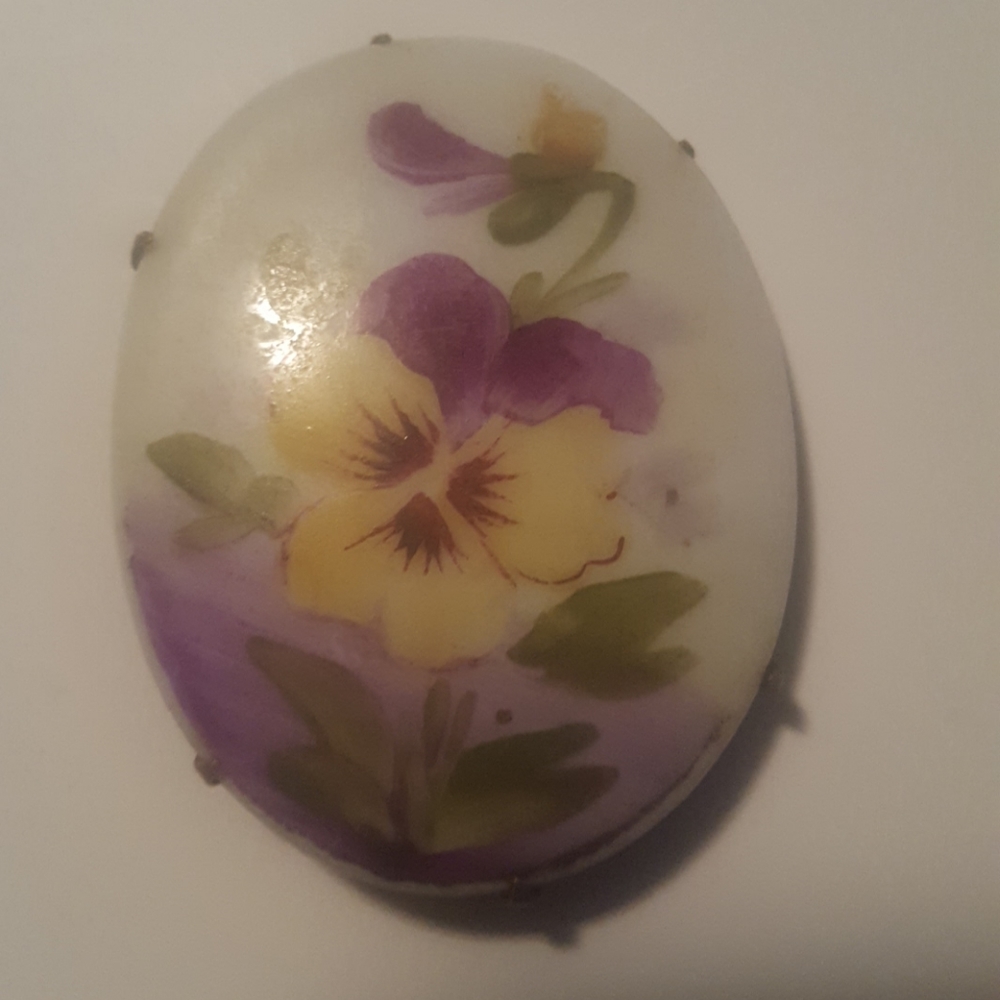 Victorian oval porcelain brooch pansies.